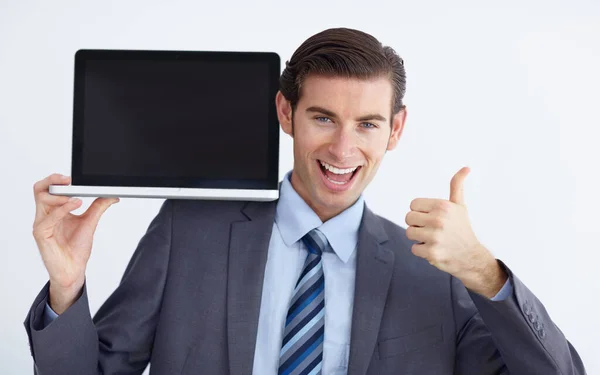 Homem Negócios Retrato Tela Laptop Com Polegares Para Cima Para — Fotografia de Stock