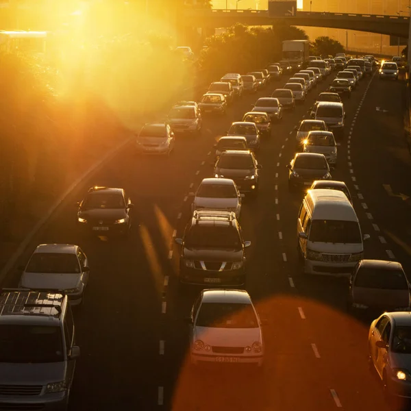 Дорожнє Варення Захід Сонця Шосе Автомобілями Дорозі Транспортування Години Пік — стокове фото