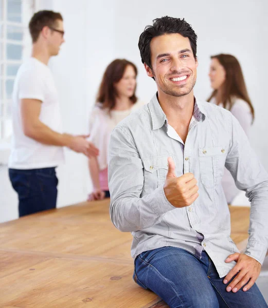 Man Thumbs Portrait Success Office Meeting Teamwork Achievement Yes Sign — Stock Photo, Image