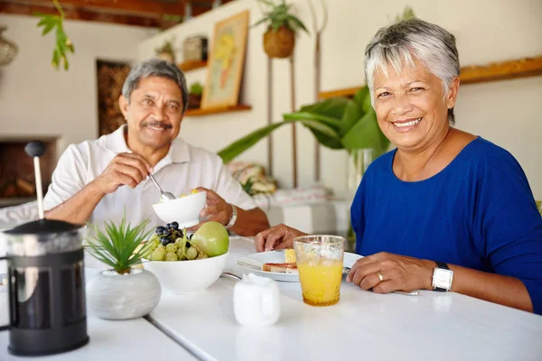Eat better, feel better. a happy senior couple enjoying a leisurely breakfast together at home