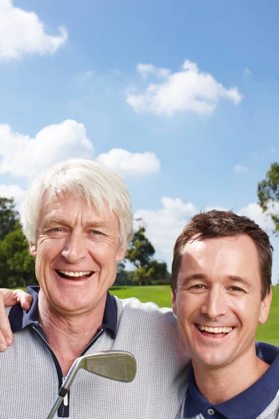 Giocare Golf Con Sorriso Buon Padre Figlio Squadra Golf Insieme — Foto Stock