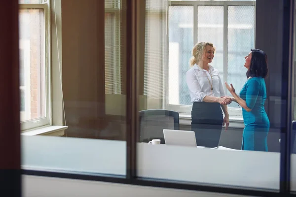 在追求成功的过程中 相互支持的同事是无价的 两个女商人在办公室里握手 — 图库照片