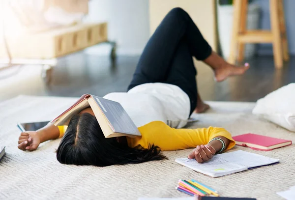Otthon Diák Stressz Tanulás Kiégés Hálószobában Túlhajszolt Vagy Kimerült Női — Stock Fotó