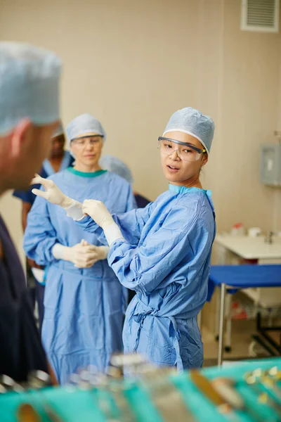 Feeling Confident Surgery Surgeons Putting Surgical Gloves Preparation Surgery — Stock Photo, Image