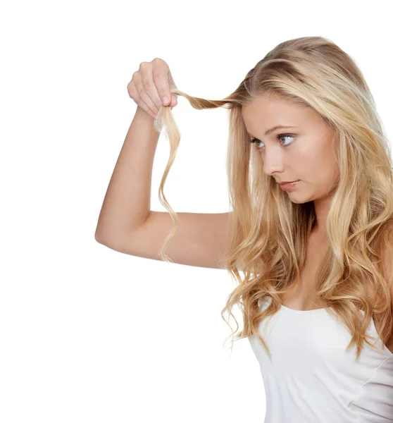 Think Its Time Trim Attractive Young Woman Feeling Her Hair — Stock Photo, Image