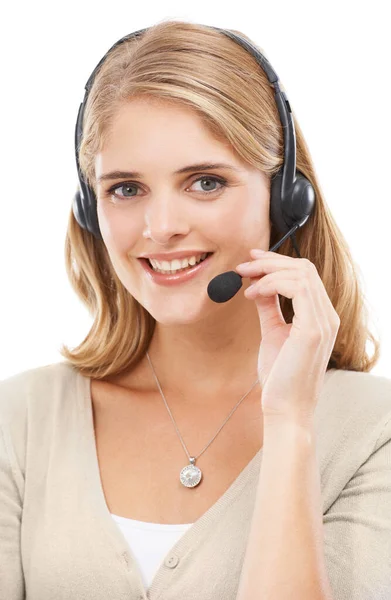Appreciate Your Business Studio Portrait Young Woman Talking Headset Isolated — Stock Photo, Image