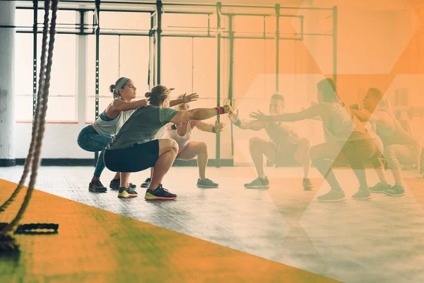 Fitnessmenschen Gymnastik Und Gruppenhocketse Workout Und Training Unterricht Sport Männer — Stockfoto