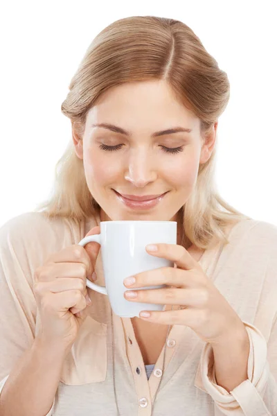 Kahve Aşkı Bir Fincan Kahve Kokan Güzel Bir Genç Kadın — Stok fotoğraf