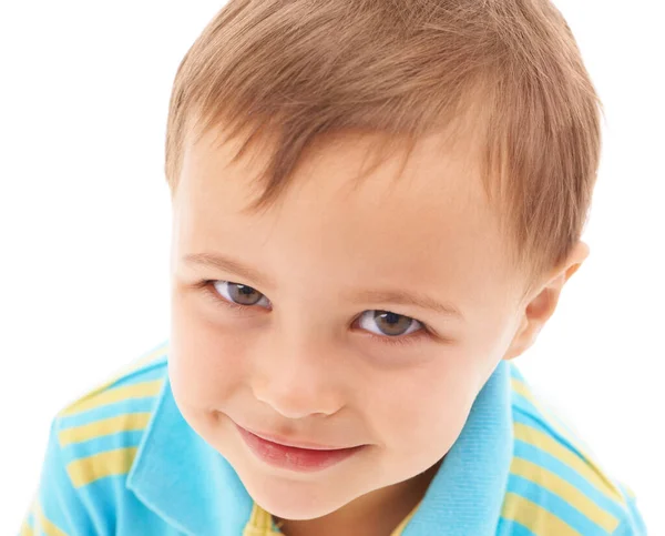 Preschooler Pose Closeup Studio Portrait Cute Young Boy Isolated White — Stock Photo, Image