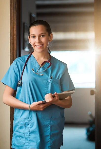 Always Come Work Smile Female Nurse Working Digital Tablet — 스톡 사진