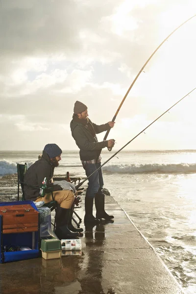 Doing Little Fishing Two Young Men Fishing Pier — Stock Photo, Image
