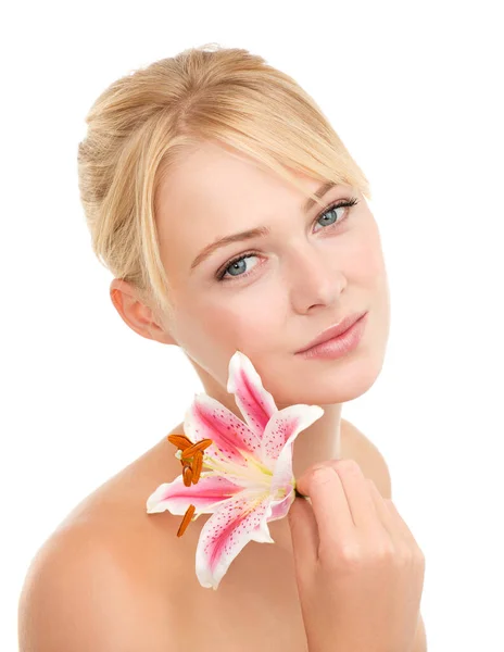 She Chooses Natural Skincare Young Blonde Woman Holding Tiger Lily Royalty Free Stock Images