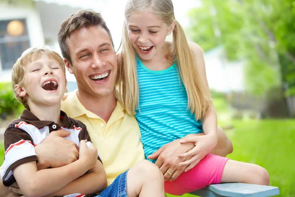 Having Fun Dad Handsome Young Father Holding His Two Children — Stock Photo, Image
