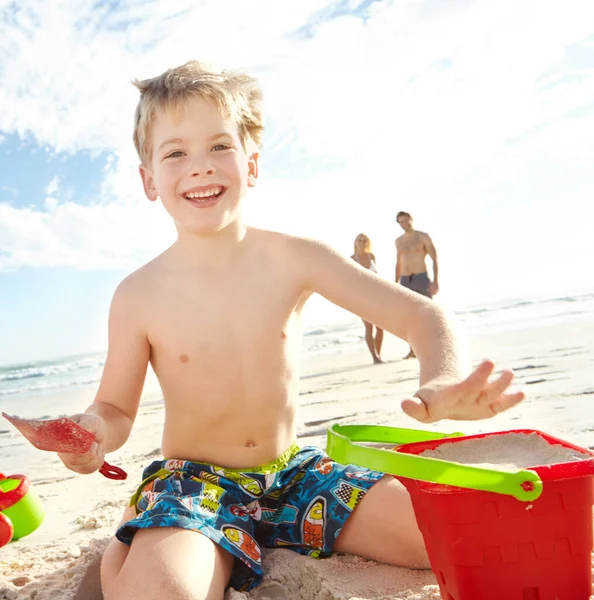 Compacting Sand Strong Castle Young Boy Building Sandcastle Beach While — Stock Photo, Image