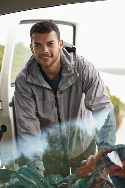 Packed Ready Portrait Handsome Young Man Getting Gear Out Back — Stock Photo, Image