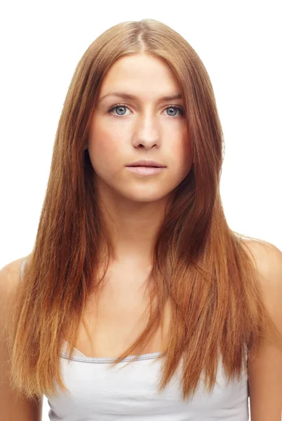 Jovem Confiante Estúdio Retrato Uma Bela Adolescente Isolada Branco — Fotografia de Stock