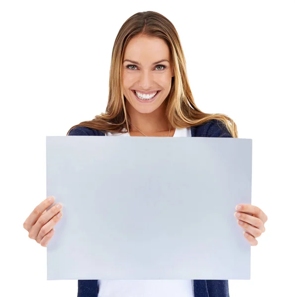 Retrato Maquete Cartaz Sorriso Mulher Isolado Fundo Branco Para Apresentação — Fotografia de Stock