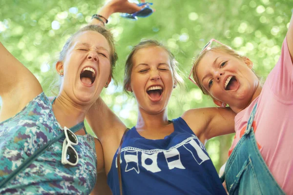 Екстатично Щасливий Обрізаний Портрет Групи Подружок Які Розважаються Відкритому Фестивалі — стокове фото