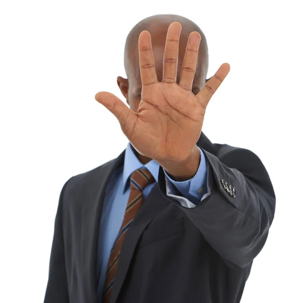 Corporate Facelessness Studio Shot Businessman Blocking His Face Camera His — Stock Photo, Image