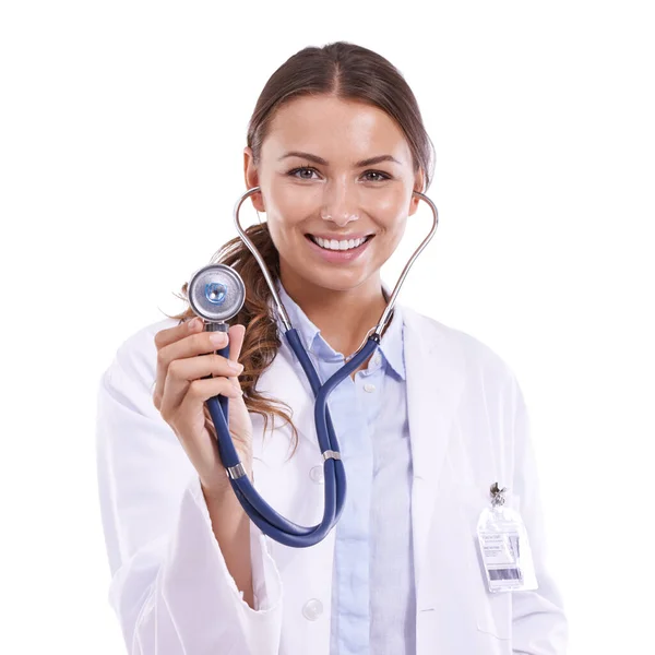 Czas Kontrolę Młoda Lekarka Trzymająca Stetoskop Uśmiechnięta Kamery — Zdjęcie stockowe
