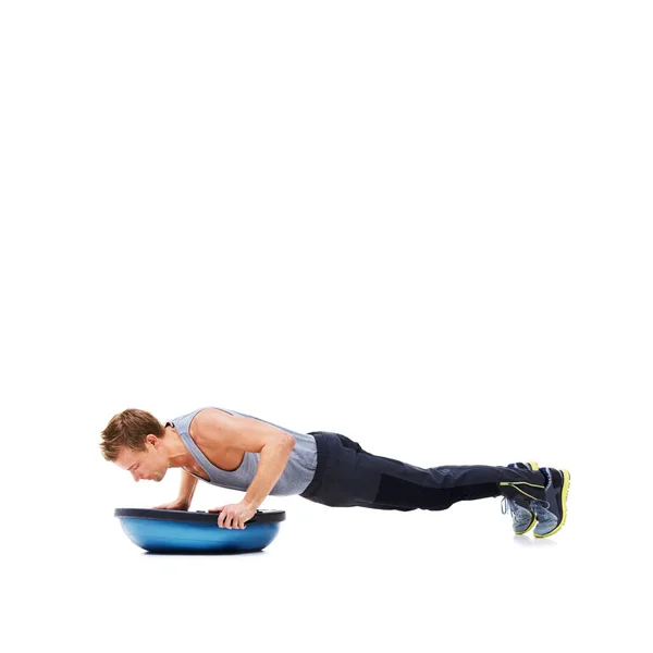 Follows Strict Fitness Plan Handsome Young Man Using Bosu Ball — Stock Photo, Image
