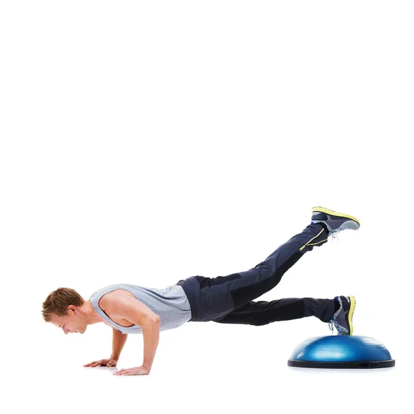 Understands Importance Solid Exercise Plan Handsome Young Man Using Bosu — Stock Photo, Image