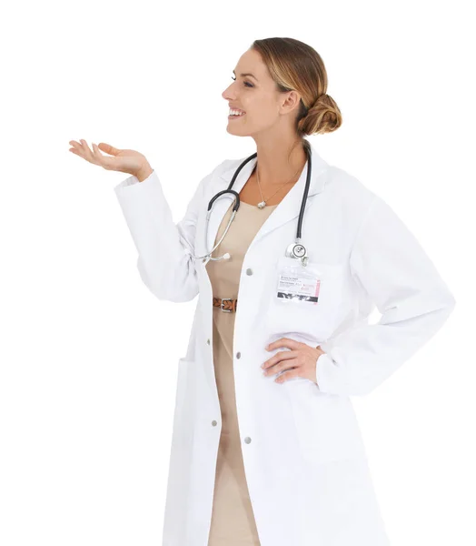 Its Gps First Choice Young Female Doctor Holding Her Palm — Stock Photo, Image