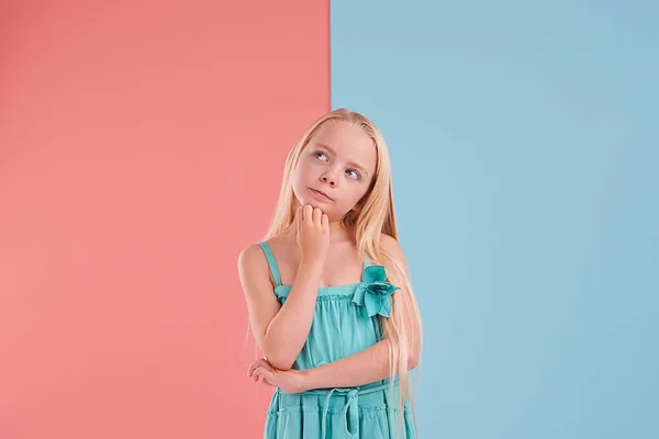 Hmmm What Next Cute Little Girl Colorful Two Tone Background — Stock Photo, Image