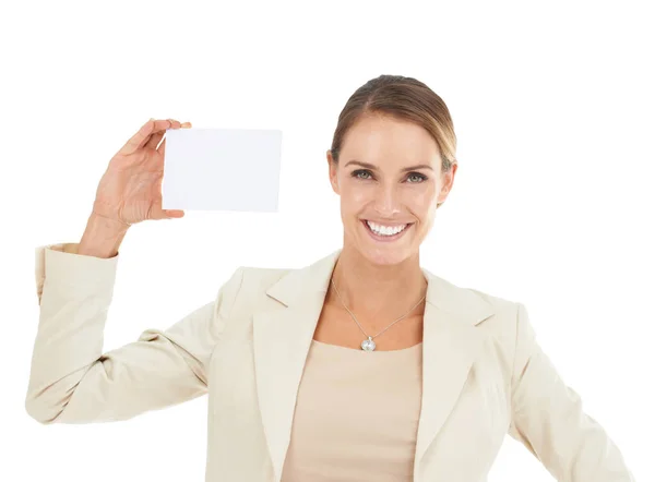 Apoiando Solução Negócios Certa Uma Empresária Atraente Segurando Cartão Branco — Fotografia de Stock