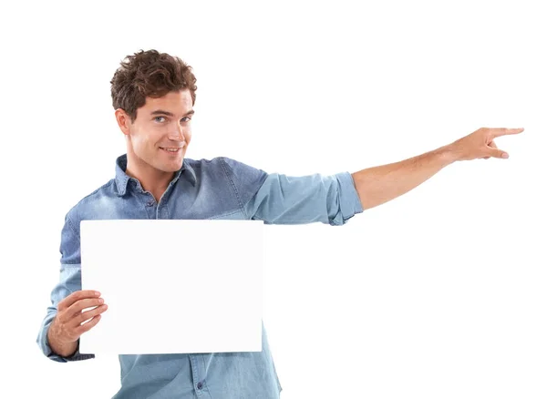 Showing You Young Man Holding Placard Pointing Away — Stock Photo, Image