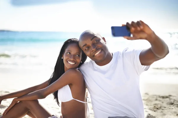 Capturing Good Times African American Couple Taking Picture Themselves While — Stock Photo, Image