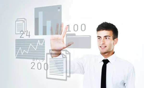 Many Ideas Statistics Business Man Touching Virtual Touchscreen Stats — Stock Photo, Image