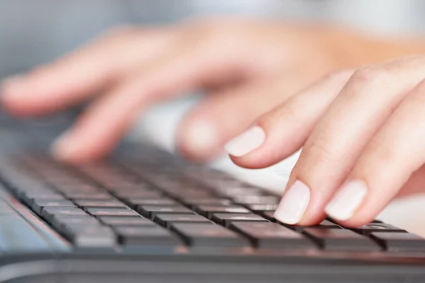 stock image Closeup, hands and business woman typing on a computer in office for planning, research and email marketing. Keyboard, fingers and person online for management, proposal and review, report and plan.