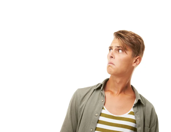 Thats Interesting Empty Space Studio Shot Shocked Young Man Looking — Stock Photo, Image