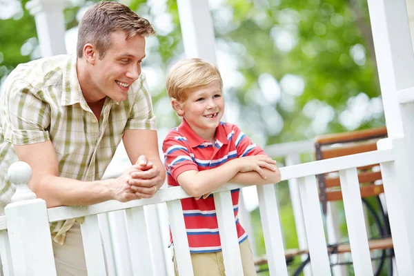 Chatting Each Other Young Boy His Father Sharing Some Quality — Stock Photo, Image