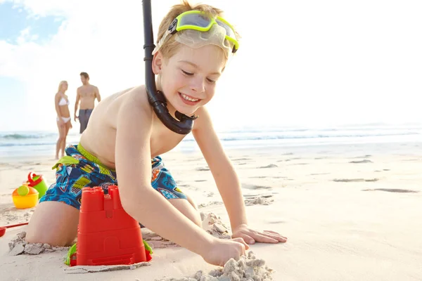 Planning Most Magnificent Castle Ever Young Boy Building Sandcastle Beach — Stock Photo, Image