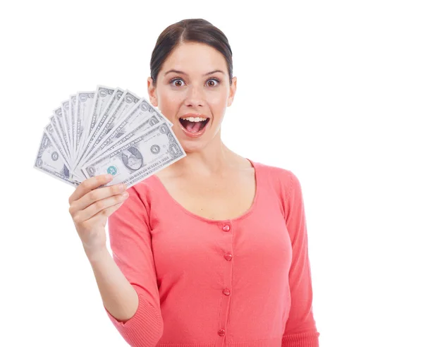 Wow Cash Finance Portrait Woman Investment Success Growth Money Dollar — Stock Photo, Image