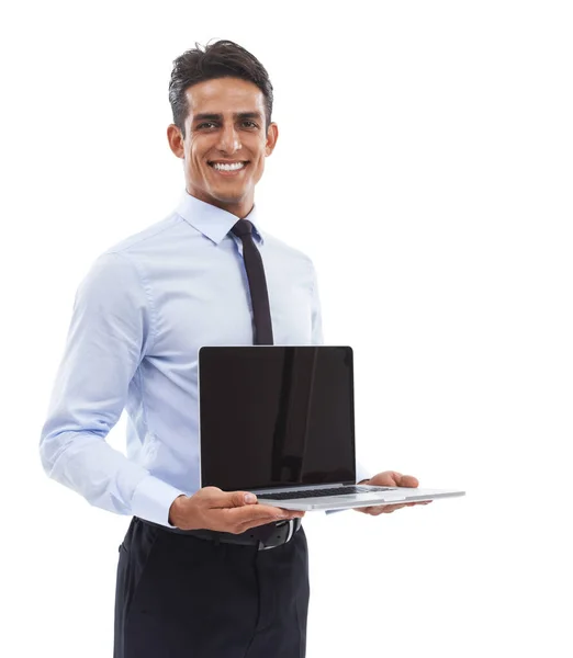 Tecnologia Que Podes Confiar Retrato Belo Jovem Empresário Exibindo Laptop — Fotografia de Stock
