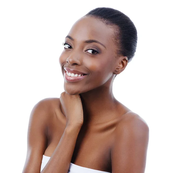 Δείχνει Όμορφο Χαμόγελό Της Ένα Ελκυστικό Αφρικανικό Αμερικανικό Μοντέλο Απομονωμένο — Φωτογραφία Αρχείου