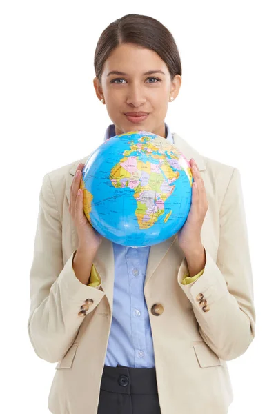 Our Business Going Global Attractive Young Businesswoman Holding Globe — Stock Photo, Image
