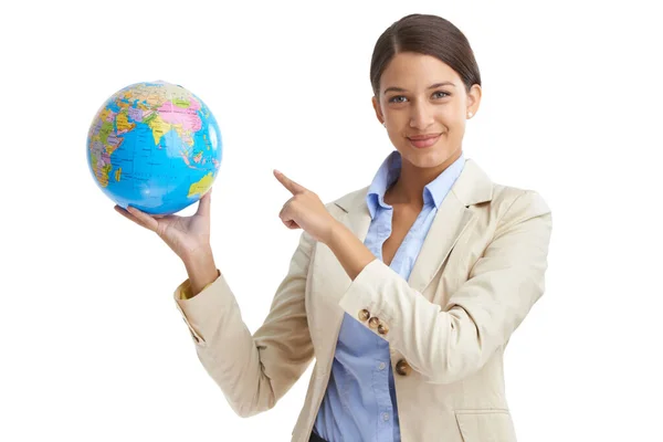Now Travel Anywhere World Attractive Young Businesswoman Pointing Globe Stock Photo