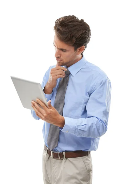 Tablets Sind Für Das Geschäft Unverzichtbar Studioaufnahme Eines Jungen Geschäftsmannes — Stockfoto