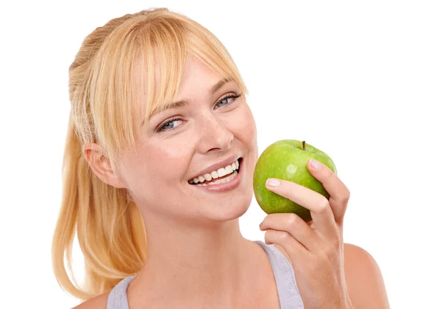 Full Juicy Goodness Studio Portrait Attractive Young Woman Holding Apple — Stock Photo, Image