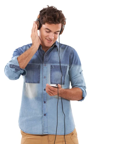 Enchufado Música Hombre Casual Escuchando Música Sus Auriculares —  Fotos de Stock