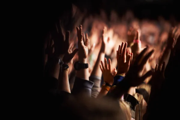 Voel Muziek Een Publiek Met Opgeheven Handen Een Buitenfestival — Stockfoto