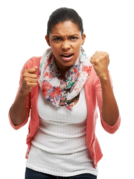 Shes Ready Fight Portrait Young Woman Pulling Her Fists You — Stock Photo, Image