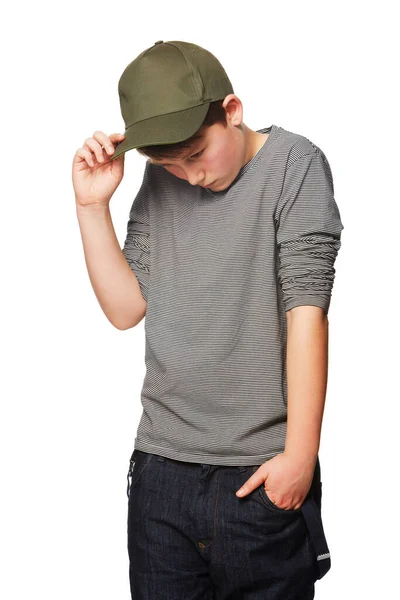 Moda Cool Adolescente Timido Con Cappello Isolato Uno Sfondo Bianco — Foto Stock