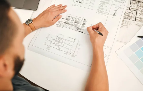 Businessman Writing Building Blueprint Architect Planning Building Project Creative Designer — Stock Photo, Image