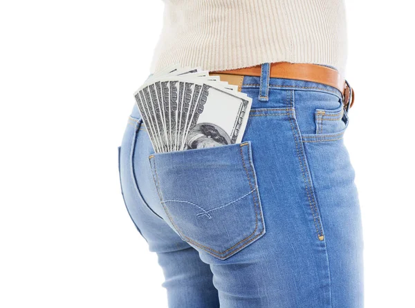 Money Spend Cropped Rearview Shot Woman Money Her Back Pocket — Stock Photo, Image