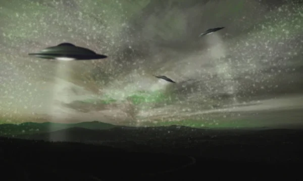 Natthimmel Ufo Och Rymdskepp Med Ljus För Utomjordisk Surrealistisk Eller — Stockfoto